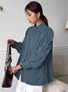 DAZY Simple Solid Color Business Casual Shirt, Versatile Long Sleeve Top - Dusty Blue - View 5