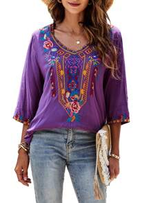 花卉刺繡V領襯衫 - 紫色 - 查看 1