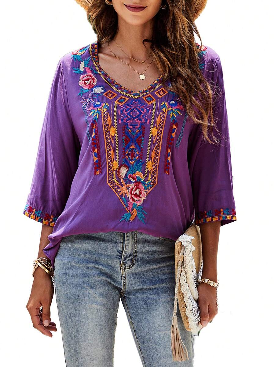 花卉刺繡V領襯衫 - 紫色 - 查看 1