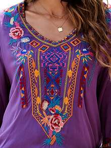 花卉刺繡V領襯衫 - 紫色 - 查看 3