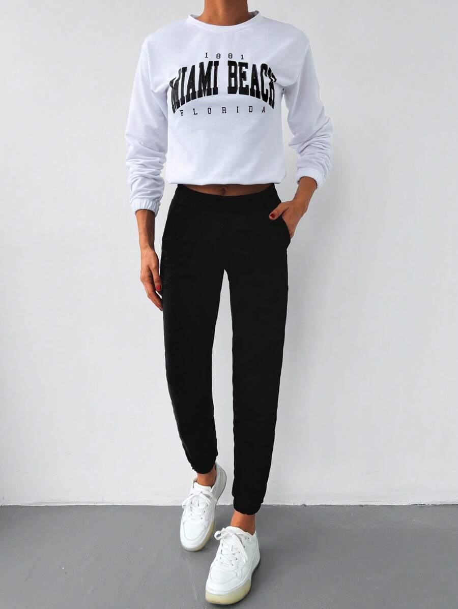 EURMUSE Letter Graphic Sweatshirt & Joggers - Black and White - View 1