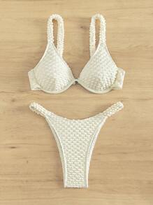 SHEIN Swim 素色帶鋼圈比基尼泳裝 - 米色 - 查看 3