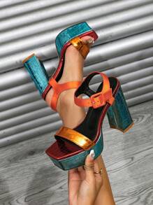 Women Metallic Crocodile Embossed Chunky Heeled Ankle Strap Sandals, Funky Sandals - Multicolor - View 6