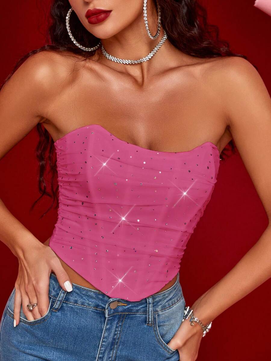 亮片裝飾扣眼後背繫帶褶邊網紗全包束腰緊身胸衣 - 玫紅色 - 查看 1