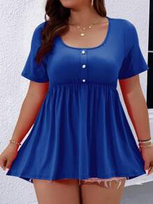 SHEIN LUNE Hơn Nút Nửa Xoay eo Áo thun - Xanh đậm - Xem 3