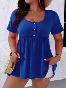 SHEIN LUNE Hơn Nút Nửa Xoay eo Áo thun - Xanh đậm - Xem 4