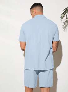 GENTILAND 宽松男士纯色纽扣前衬衫和短裤套装 - 淺藍色 - 查看 3