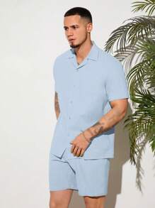 GENTILAND 宽松男士纯色纽扣前衬衫和短裤套装 - 淺藍色 - 查看 5