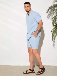 GENTILAND 宽松男士纯色纽扣前衬衫和短裤套装 - 淺藍色 - 查看 7