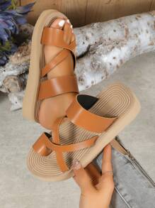 NỮ Thánh giá Dây đeo Thiết kế vòng ngón chân Dép thông , Kỳ nghỉ Dép Wedge Slide - Màu nâu Sô-cô-la - Xem 1