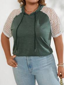 SHEIN LUNE Plus Contrast Lace Raglan Sleeve Drawstring Hooded Tee - Green - View 5