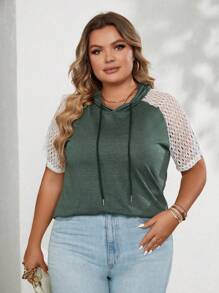 SHEIN LUNE Plus Contrast Lace Raglan Sleeve Drawstring Hooded Tee - Green - View 6