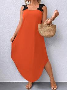 SHEIN Holidaya Plus Guipure Lace Appliques Curved Hem Dress - Orange - View 1