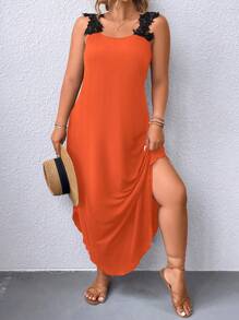 SHEIN Holidaya Plus Guipure Lace Appliques Curved Hem Dress - Orange - View 3