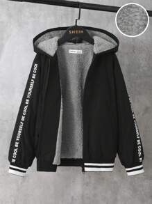 SHEIN Tween Boy Contrast Slogan Tape Thermal Lined Hooded Jacket - Black - View 1