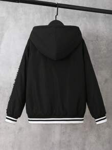 SHEIN Tween Boy Contrast Slogan Tape Thermal Lined Hooded Jacket - Black - View 2