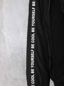 SHEIN Tween Boy Contrast Slogan Tape Thermal Lined Hooded Jacket - Black - View 3
