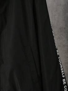 SHEIN Tween Boy Contrast Slogan Tape Thermal Lined Hooded Jacket - Black - View 4