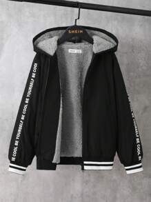 SHEIN Tween Boy Contrast Slogan Tape Thermal Lined Hooded Jacket - Black - View 5