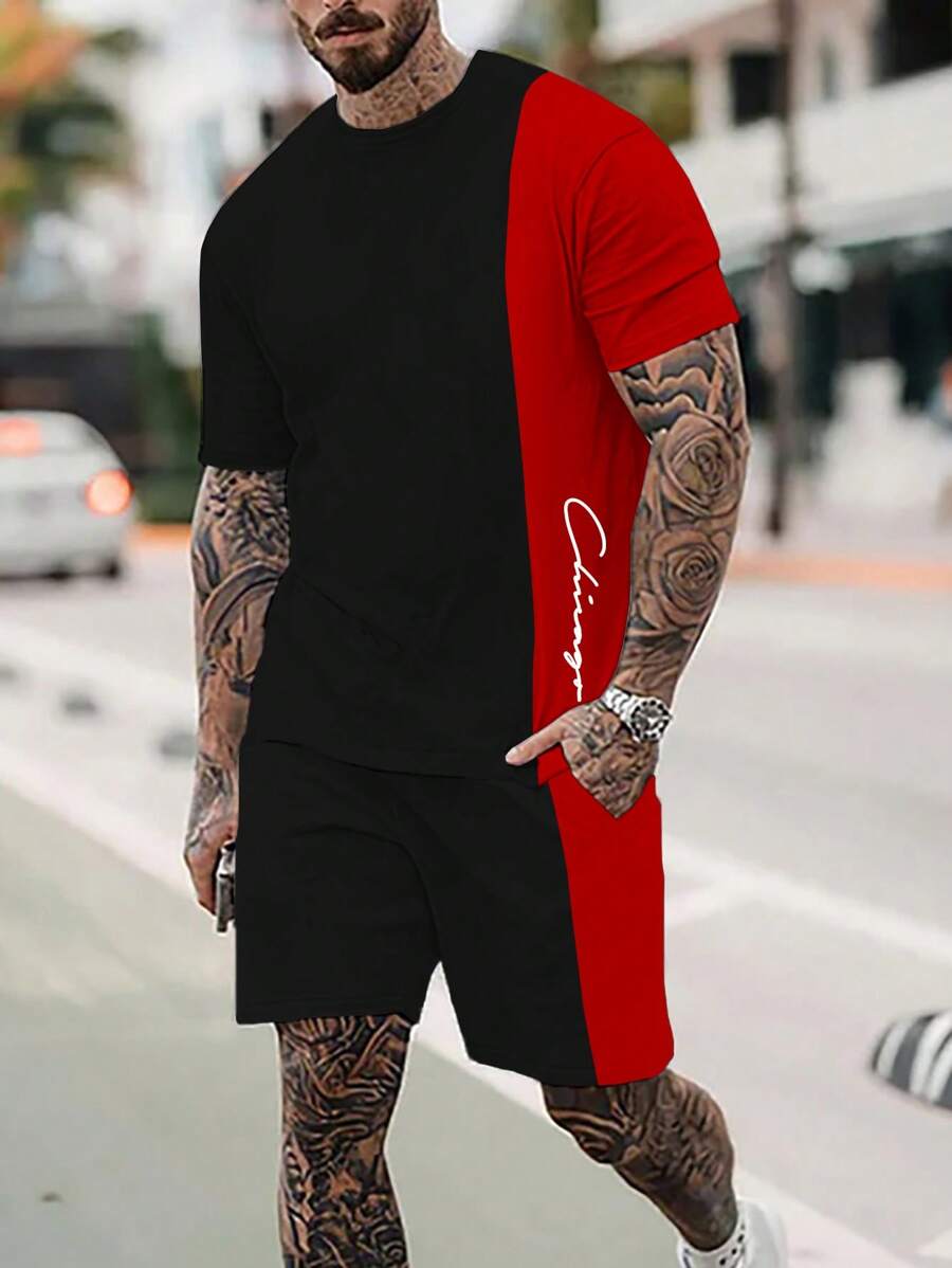 Manfinity Homme Men Letter Graphic Two Tone Tee & Shorts - Black - View 1