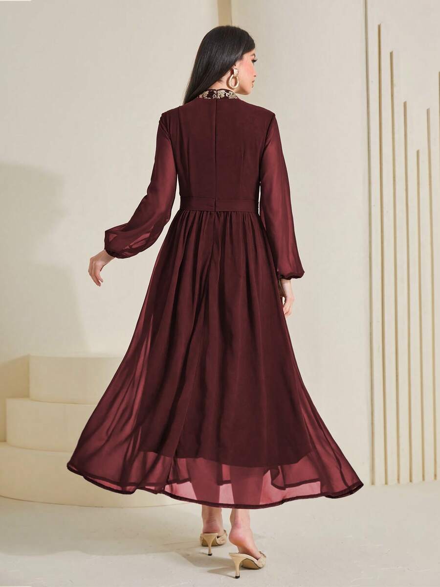 SHEIN Najma Burgundy Red Floral Embroidery Contrast Mesh ALine Dress