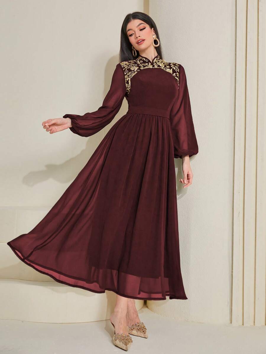 SHEIN Najma Burgundy Red Floral Embroidery Contrast Mesh ALine Dress