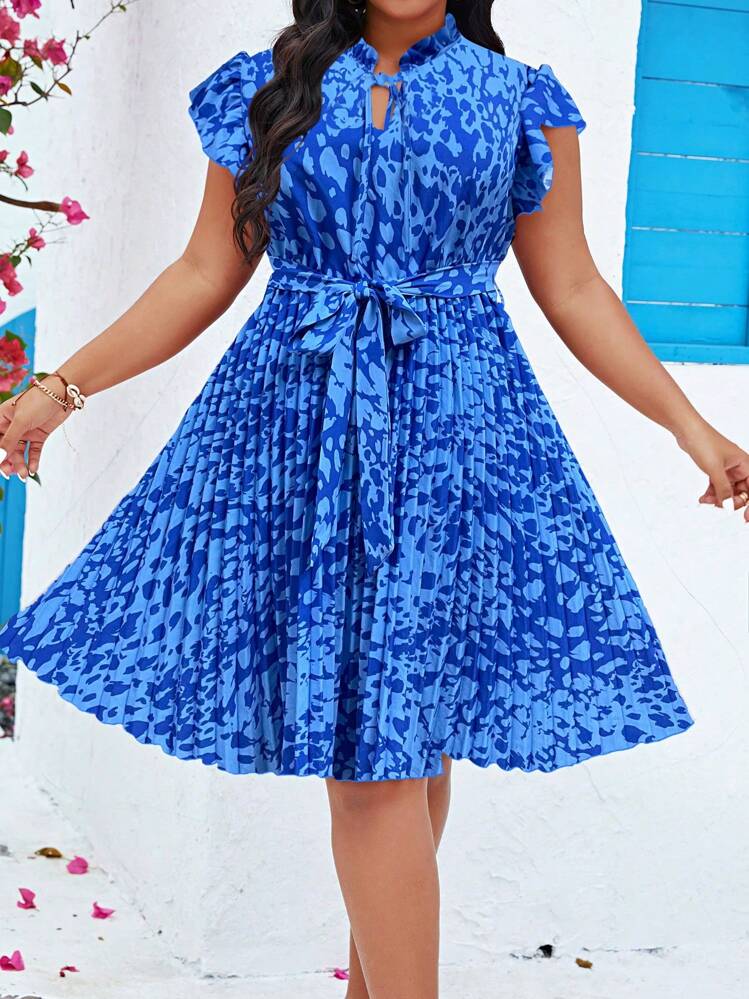 Franclia พลัส เดรส เอวมีเชือกผูก พิมพ์ลายทั้งตัว แขนผีเสื้อ ชายพลีท - สีน้ำเงิน - ดู 1