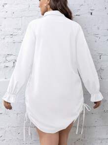 Calvaya Plus Flare Sleeve Drawstring Side Shirt Dress - White - View 2
