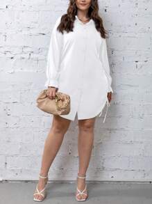 Calvaya Plus Flare Sleeve Drawstring Side Shirt Dress - White - View 3