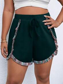 SHEIN LUNE 大碼流蘇邊前繫帶短褲 - 墨綠色 - 查看 1