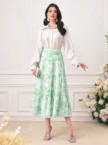 Modelyn con botón delantero Camisa & con estampado floral fruncido bajo con fruncido Falda - Verde - Ver 1