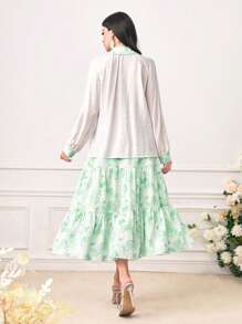 Modelyn con botón delantero Camisa & con estampado floral fruncido bajo con fruncido Falda - Verde - Ver 2