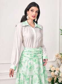Modelyn con botón delantero Camisa & con estampado floral fruncido bajo con fruncido Falda - Verde - Ver 3