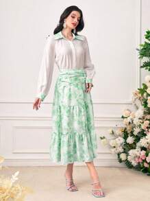 Modelyn con botón delantero Camisa & con estampado floral fruncido bajo con fruncido Falda - Verde - Ver 4