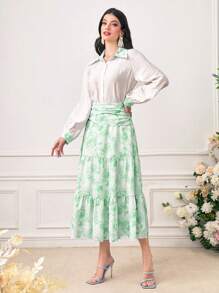 Modelyn con botón delantero Camisa & con estampado floral fruncido bajo con fruncido Falda - Verde - Ver 5