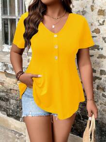 SHEIN LUNE Plus Half Button Curved Hem Tee - Yellow - View 3