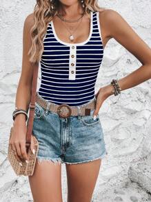 SHEIN LUNE Áo khoác và áo lót dành cho xe tăng nữ Nút Sọc Giải trí - Màu xanh hải quân - Xem 4