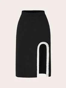 SHEIN Unity Falda bajo con abertura ribete fruncido - Negro - Ver 1