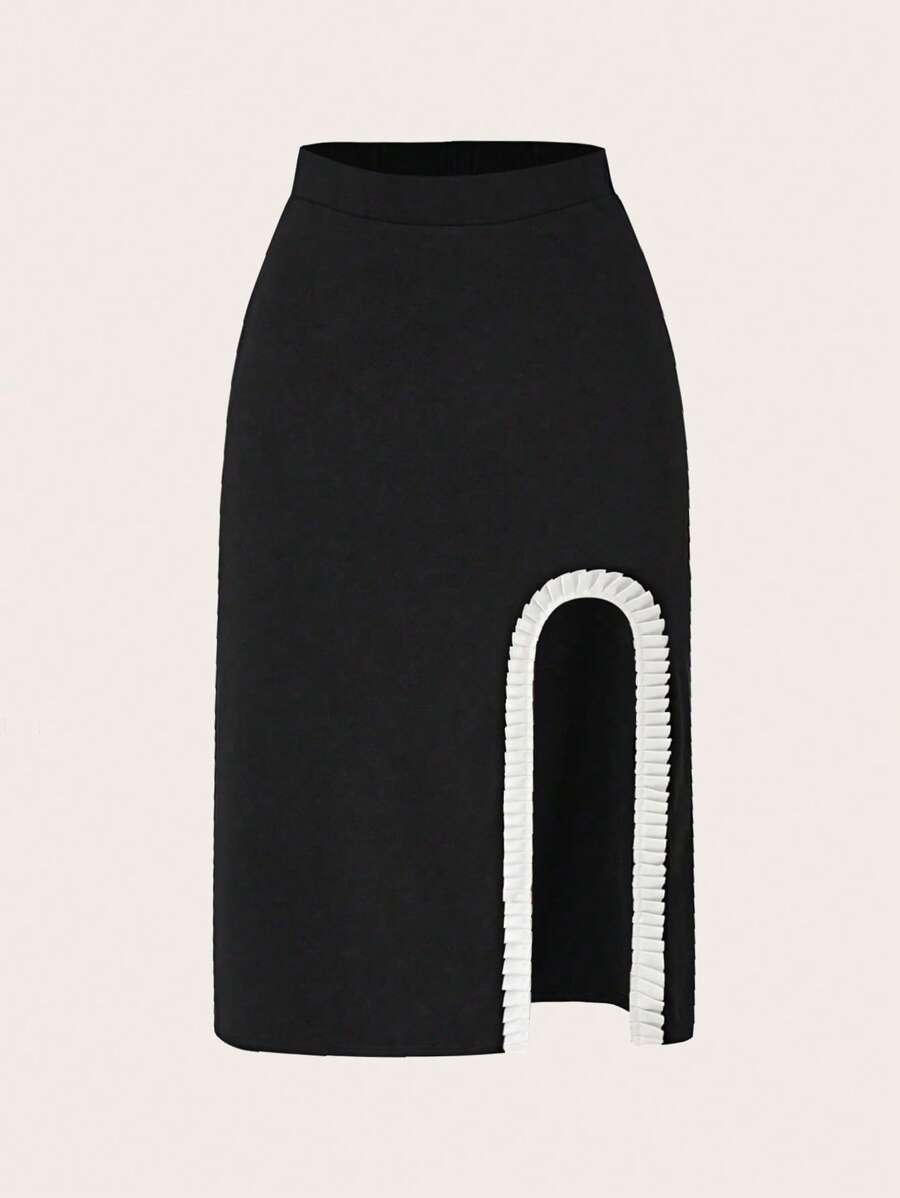 SHEIN Unity Falda bajo con abertura ribete fruncido - Negro - Ver 1