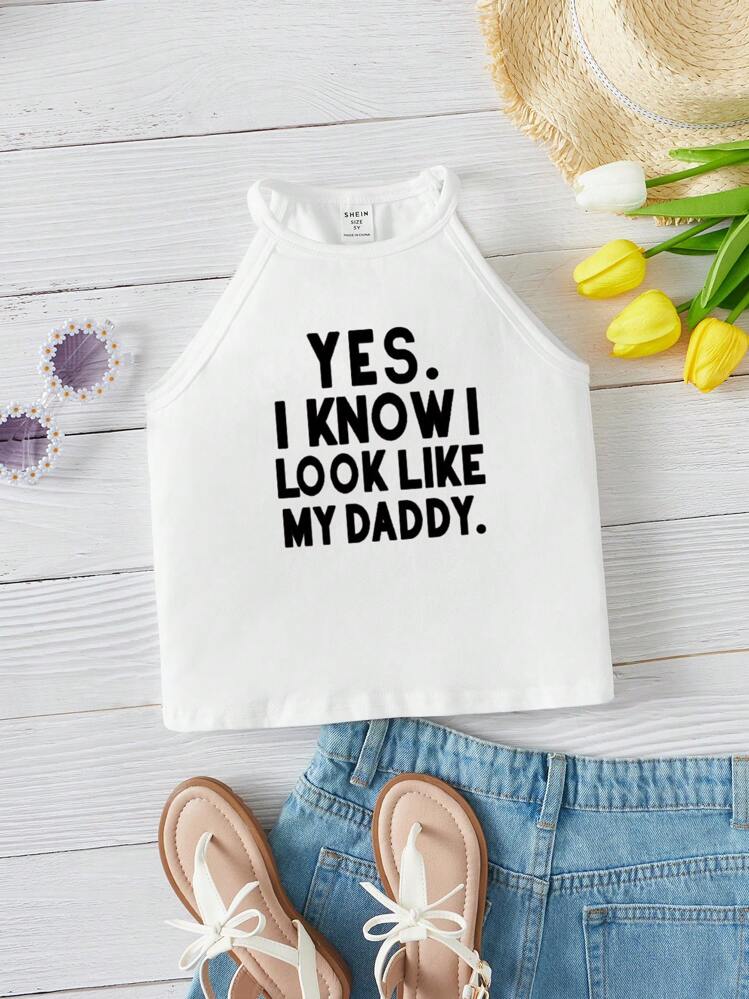 Young Girl Slogan Print Knitted Casual Halter Top - White - View 8