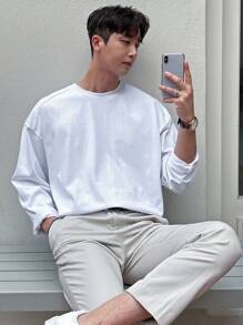 DAZY 男士素色落肩T恤 - 白色 - 查看 7
