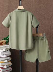 SHEIN 男大童翻蓋口袋襯衫和短褲不帶T恤 - 軍綠色 - 查看 2