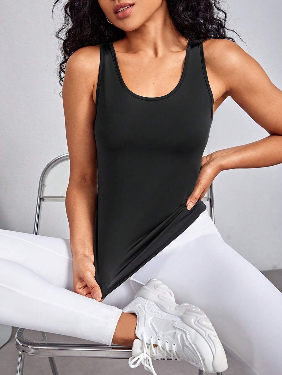 Yoga Basic Solid Scoop Neck Sports Tank Top - Black - View 1