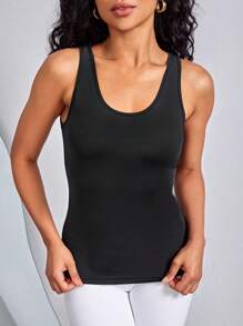 Yoga Basic Solid Scoop Neck Sports Tank Top - Black - View 3