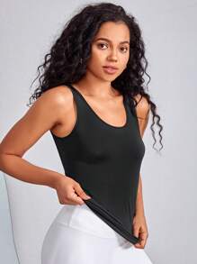 Yoga Basic Solid Scoop Neck Sports Tank Top - Black - View 4