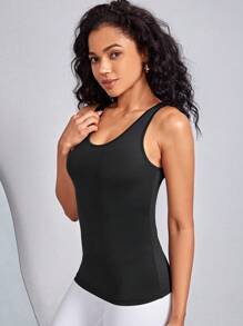 Yoga Basic Solid Scoop Neck Sports Tank Top - Black - View 5