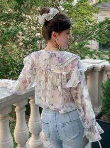 DAZY In hoa Viền Ruffle Tay áo loe Áo sơ mi - Nhiều màu - Xem 6