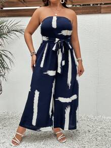 SHEIN VCAY 大碼筆刷圖案前打結抹胸連體褲 - 藍白色 - 查看 6