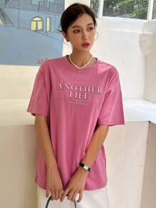 DAZY Camiseta de hombros caídos con estampado de letra - Rosa Fucsia - Ver 4