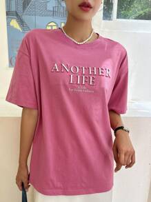 DAZY Camiseta de hombros caídos con estampado de letra - Rosa Fucsia - Ver 5